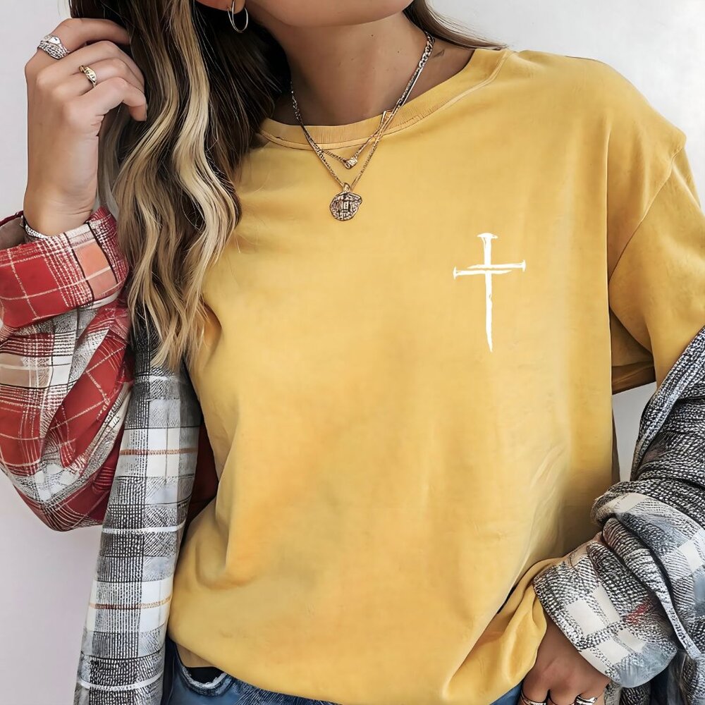 Three Nail Cross Christian Faith Women's Comfort Colors T Shirt in Mustard